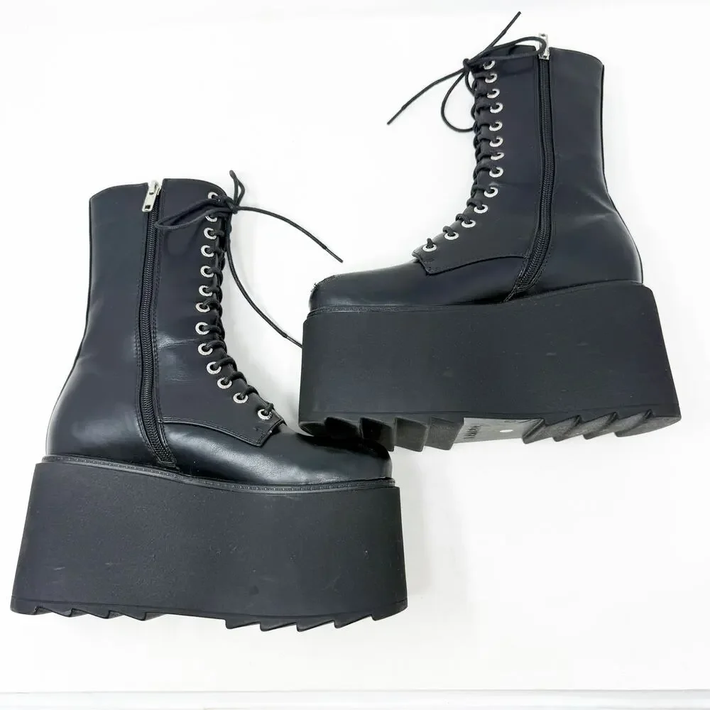 Lamoda Black Faux Leather Chunky Platform Goth Combat Boots 4UK Lace Up/Side Zip